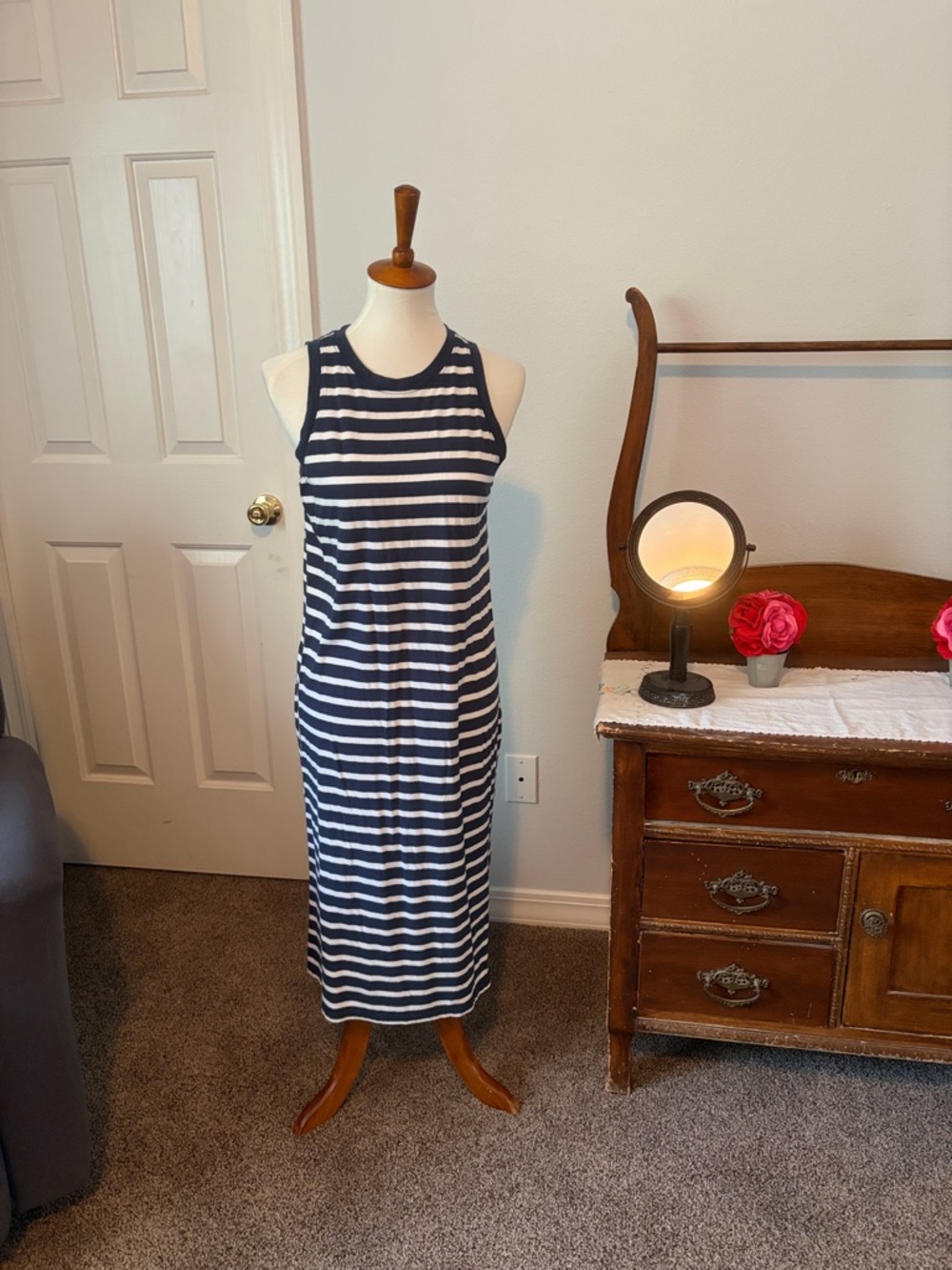 Sonoma Navy and White Striped Sleeveless Midi Dress